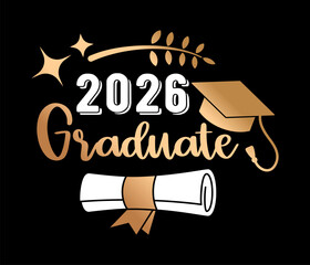 Stylish graduation illustration with Graduate 2026 lettering graduation cap diploma and decorative elements on dark background. Perfect for education celebration greeting cards apparel posters banners