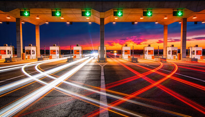 Mesmerizing blue-hour long-exposure highway toll plaza with light trails