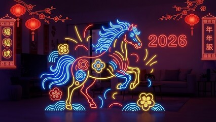 Neon horse zodiac sign for 2026 year of the horse, colorful blue, red and yellow glowing illustration with flowers and lanterns on dark