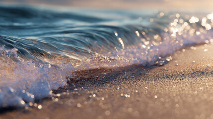 A close-up shot of the ocean wave gently washing onto the sandy beach. The sunlight glints off the water, creating a sparkling effect