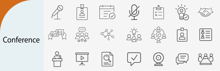 “conference event icon set, flat minimal vector line design”  