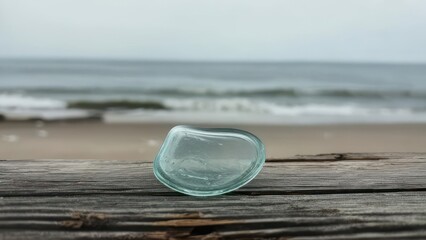Smooth sea glass rests on weathered wood with a blurred ocean background under a cloudy sky