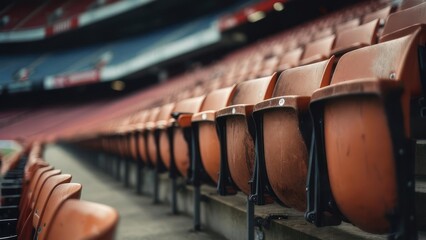 Rows of empty stadium seating angle outwards, in soft focus against blurred red/blue background
