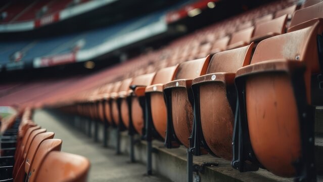 Rows of empty stadium seating angle outwards, in soft focus against blurred red/blue background