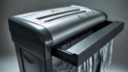 Silver office machine, with opened tray, ready to shred documents. Close-up shot