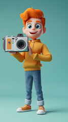 3d Cartoon Character of Cheerful Man holding camera