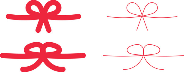 Simple doodle red bows with string and knot for present set. Christmas celebration and coquette holiday decoration. Minimalist line art vector. birthday party or festive package