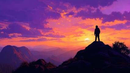 Silhouette of a person atop a mountain, viewing colorful sunset over distant ranges