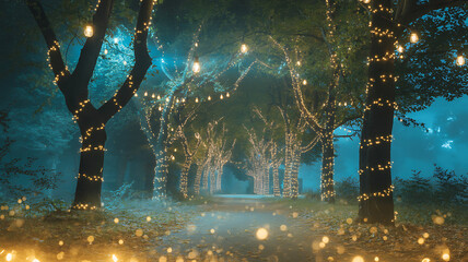 Dreamy forest path lined by trees completely wrapped in golden string lights creating magical avenue tunnel effect