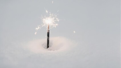 Sparkler burning in the snow, creating a festive atmosphere.