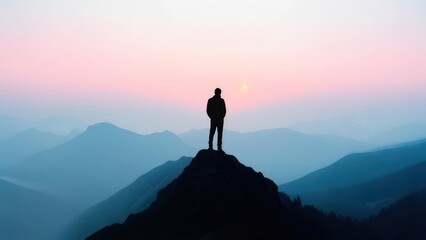 Silhouette of person atop mountain at dawn, facing sunrise over layered, hazy peaks