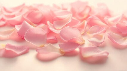 Soft focus image of many delicate, pink rose petals scattered on a light surface