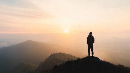 Silhouette of person atop mountain peak facing sunrise, golden light, peaceful atmosphere
