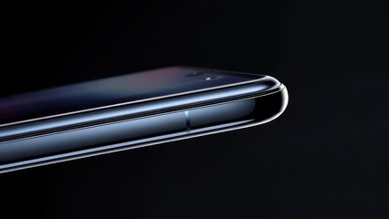 Sleek close-up of a dark, curved screen phone edge, against a black backdrop