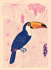 Fototapeta premium Stylized toucan perched among tropical leaves and berries illustration
