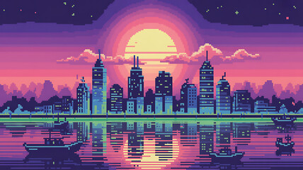 Vibrant pixel art cityscape skyline reflecting beautifully over water at sunset featuring retro vaporwave aesthetic