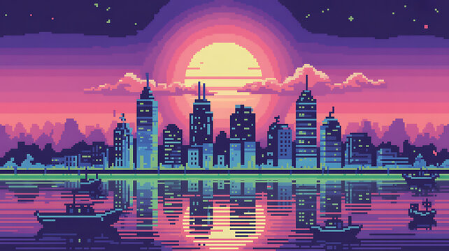 Vibrant pixel art cityscape skyline reflecting beautifully over water at sunset featuring retro vaporwave aesthetic