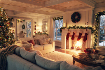 Cozy Christmas living room with decorated fireplace and glowing tree, digital background ms teams, digital background, zoom background