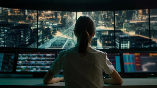 Professional Monitoring Operator in Control Room with Multiple Screens Displaying Data