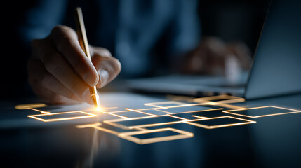 Person holding stylus interacting with glowing digital interface hand