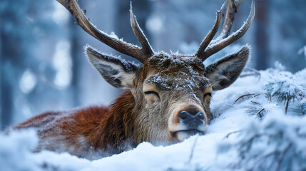 A sleeping deer head covered in frost, a close-up portrait of a stag in winter snow, a hibernating wild animal, a peaceful nature background.