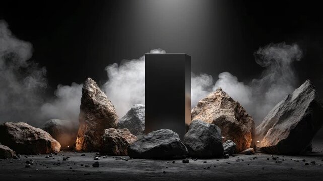 Futuristic monolith surrounded by mystic smoke and rocks in dramatic lighting