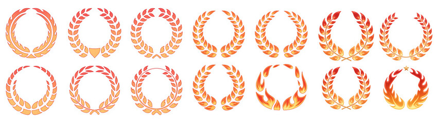 fiery golden laurel wreaths and blazing flame emblems isolated on transparent background
