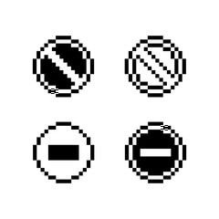 Pixel art stop and prohibition icon set in retro game style, symbols with diagonal slash and minus sign representing stop, cancel, forbidden, no entry, disabled or blocked actions, game UI, menus, HUD