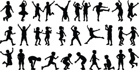 Mega collection of black children silhouettes playing, jumping, running, dancing, doing gymnastics, and standing together, diverse kids activity set isolated on white,