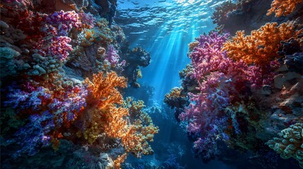 Naklejka premium Vibrant Coral Reef Ecosystem with Sunbeams Piercing Through Ocean Water.