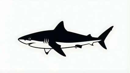 Naklejka premium Striking black and white illustration of a powerful ocean shark, depicted with a sleek silhouette and sharp features, embodying marine predator strength and grace