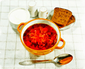 Digital painting - illustration. Watercolor. Still life. Vegetable soup (borscht). Soup with fresh vegetables with sour cream. Rye bread, garlic, salt and spoon. Serving on white tablecloth.