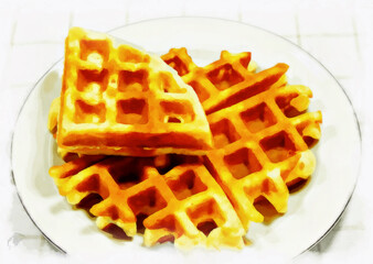 Watercolor. Still life. Digital painting - illustration. Belgian waffles on plate made of white glass. Serving on the light-colored tablecloths.