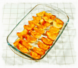 Baked, caramel red apple slices in clear glass baking dish. Serving on the light-colored tablecloths. Digital painting - illustration. Watercolor. Still life.