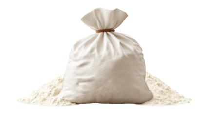 Full sack of flour tied with rope sitting on a pile of white powder, perfect for food ingredient, baking, and agriculture themes