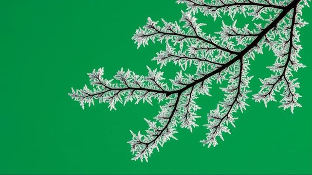 Close-up of Frost-covered tree branches against vibrant green background for winter scene