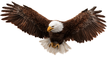 Majestic bald eagle with outstretched wings soaring powerfully in flight, symbolizing freedom and strength for patriotic or wildlife concepts.