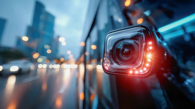 Close-up of a driverless bus radar sensor detecting traffic in a modern city environment with motion blur and urban lights