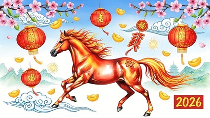 Golden horse runs under chinese new year lanterns with cherry blossoms and gold coins in 2026