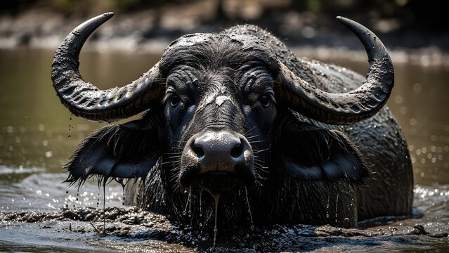 Un b&uacute;falo, Syncerus caffer, cerca de una cabeza de animal y cuernos cubiertos de barro