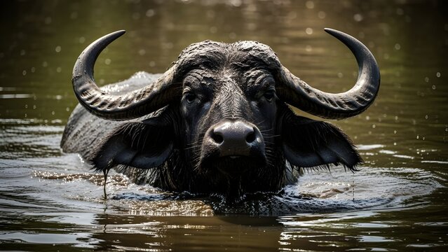 Un b&uacute;falo, Syncerus caffer, cerca de una cabeza de animal y cuernos cubiertos de barro