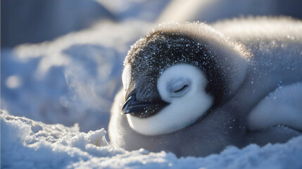A baby penguin sleeping in the snow with visible steam breath, a cute fluffy chick resting in cold weather, a backlit wildlife portrait, an Antarctic nature scene.