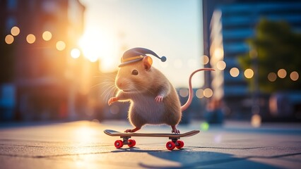 Un hámster divertido monta una pequeña patineta, balanceándose con una expresión juguetona, mostrando una aventura animal caprichosa y humorística.
