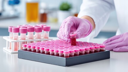 Anesthesia technician handling labeled medical vials in clinical laboratory. Healthcare professional preparing and organizing samples with sterile gloves as part of anesthesia and patient care