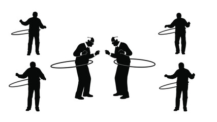 Silhouettes of businessmen playfully spinning hula hoops in a dynamic arrangement