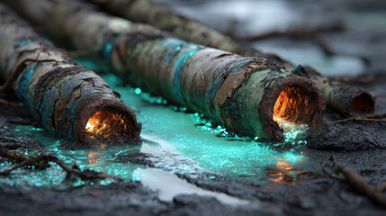 Fototapeta premium Corroded pipes with glowing neon liquid create eerie atmosphere in dark, muddy environment. vibrant colors contrast with decayed metal, highlighting mysterious scene