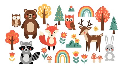 Conjunto aislado con lindos animales del bosque al estilo de las caricaturas.
 Diseño ideal para niños, para telas, envolturas, textiles, papel tapiz y prendas de vestir.