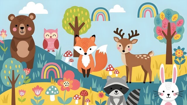 Conjunto aislado con lindos animales del bosque al estilo de las caricaturas.
 Dise&ntilde;o ideal para ni&ntilde;os, para telas, envolturas, textiles, papel tapiz y prendas de vestir.