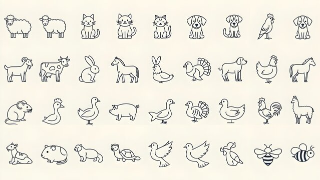 Paquete de iconos de animales dom&eacute;sticos.
 Conjunto de iconos de animales de l&iacute;nea delgada.
 Conjunto de colecci&oacute;n Flaticon.
 Iconos vectoriales simples