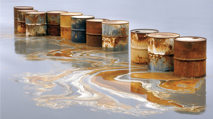 Rusted barrels surrounded by colorful toxic spills create striking contrast against water, evoking sense of environmental concern